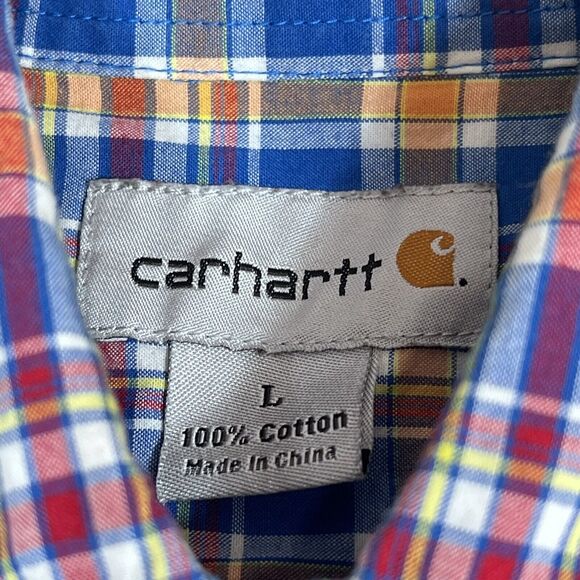 Carhartt Shirt Mens Size Large Blue Orange Red Plaid Long Sleeve Button Down - Picture 11 of 12